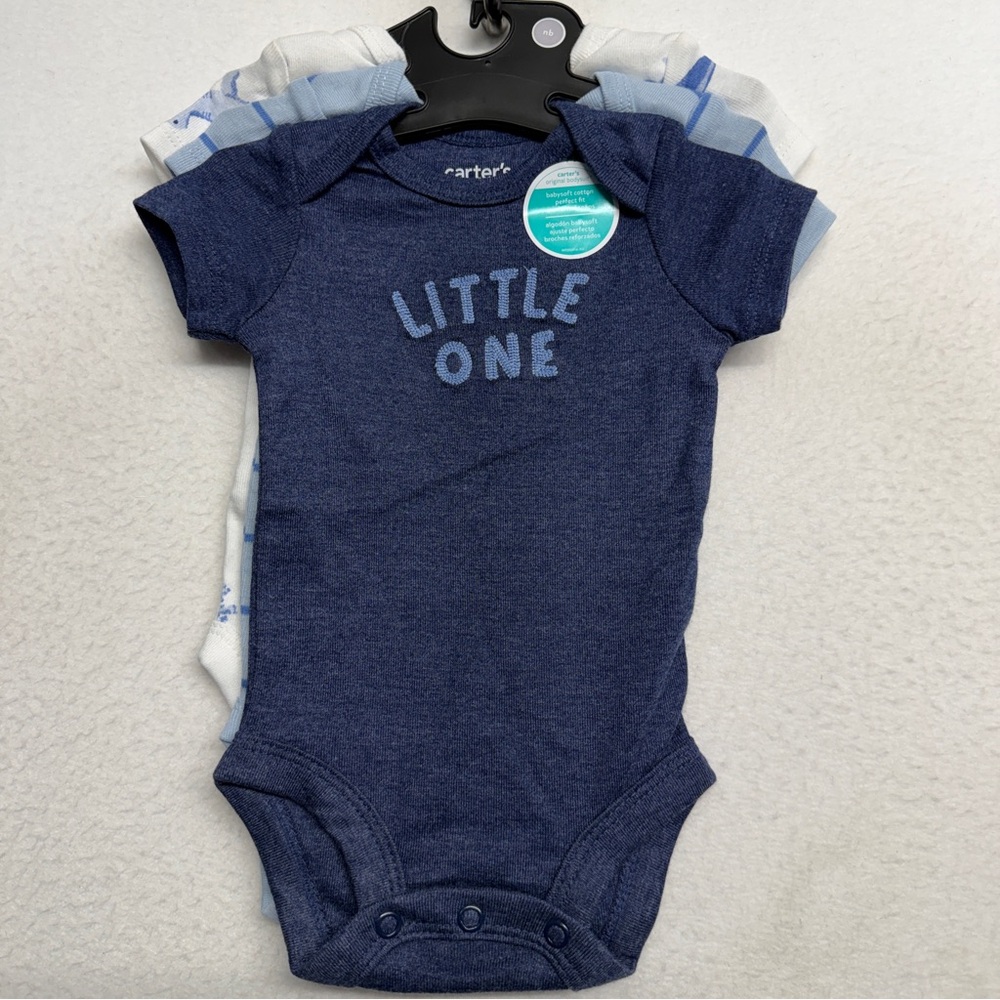 NWT‎ Carters Newborn 3 Onzies Set Boy Navy Blue Little One Shark Print